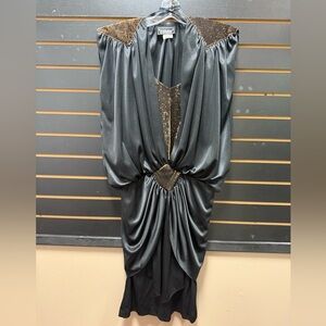 Vintage 80s Stash Black Metallic Shoulder Blouson Cocktail Dress 3/4 USA
